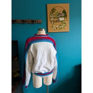 Vintage fleece crewneck sweatshirt with striped knit details oversized large